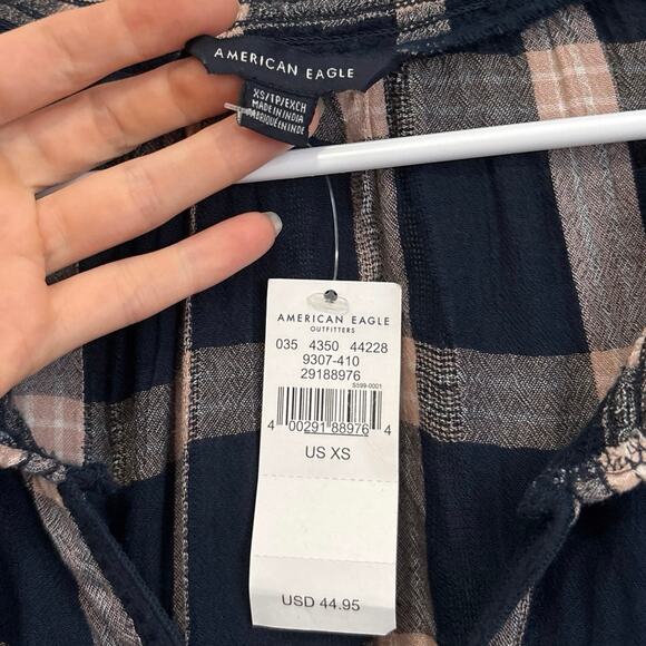American Eagle NWT Navy Plaid Peasant Blouse XS – Boho Tassel Tie Long Sleeve - Picture 8 of 9
